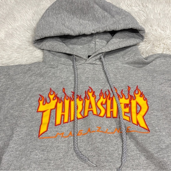 Thrasher Skateboards Flame Fire Heather Grey Logo Hoodie Sweatshirt Mens Small - Picture 3 of 10